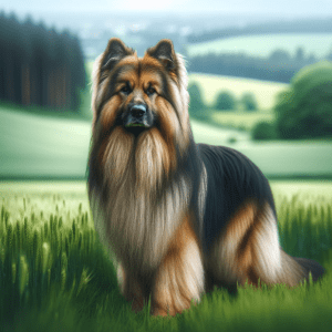 DALL·E 2024 01 10 08.43.52 A beautiful and majestic long haired German Shepherd standing in a lush green field. Its coat is long luxurious and well groomed showcasing the dis