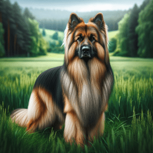 DALL·E 2024 01 10 08.44.16 A beautiful and majestic long haired German Shepherd standing in a lush green field. Its coat is long luxurious and well groomed showcasing the dis