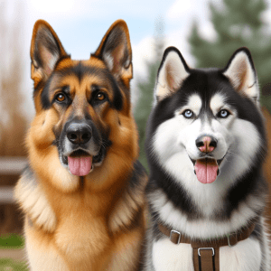 DALL·E 2024 01 10 09.21.46 A German Shepherd and a Husky side by side in a friendly and peaceful posture demonstrating good companionship. The German Shepherd looks alert and