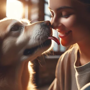 DALL·E 2024 03 21 09.26.08 A dog giving a gentle lick to a humans face capturing a moment of pure affection and trust. The scene is heartwarming with soft lighting emphasizin