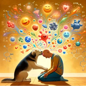 DALL·E 2024 03 21 09.28.47 Illustration depicting the science behind dog kisses showing a dog licking a happy humans face with whimsical colorful symbols of love happiness