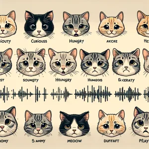 DALL·E 2024 03 21 09.58.31 Various facial expressions of cats from curious to worried with illustrations of sound waves representing different tones and durations of meows. Th