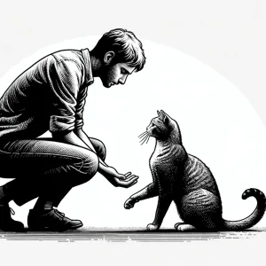 DALL·E 2024 03 21 09.58.35 A depiction of a person crouching to the level of a meowing cat offering their hand to pet the cat or presenting a toy. The image should convey an em