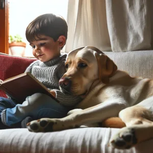 DALL·E 2024 03 21 10.38.01 Un labrador retriever acurrucado con un nino en un sofa ambos disfrutando de una tranquila tarde juntos en un ambiente acogedor. La escena representa