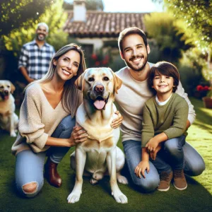 DALL·E 2024 03 21 10.48.34 Una familia completa posando felizmente en su jardin con su labrador retriever simbolizando la union y el amor compartido. La escena debe transmitir