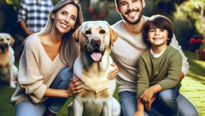 DALL·E 2024 03 21 10.48.34 Una familia completa posando felizmente en su jardin con su labrador retriever simbolizando la union y el amor compartido. La escena debe transmitir