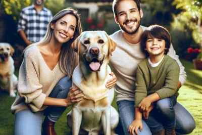 DALL·E 2024 03 21 10.48.34 Una familia completa posando felizmente en su jardin con su labrador retriever simbolizando la union y el amor compartido. La escena debe transmitir