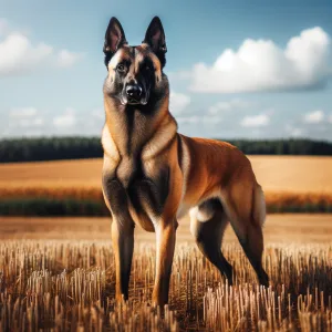 DALL·E 2024 03 21 11.18.06 A majestic male Belgian Malinois standing in an open field showcasing its muscular build and alert stance under a clear blue sky. The dogs coat is