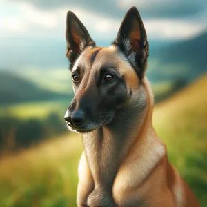 DALL·E 2024 03 21 11.20.25 A graceful female Belgian Malinois standing on a grassy hill with a gentle expression. Her sleek fawn colored coat with a slightly lighter shade tha