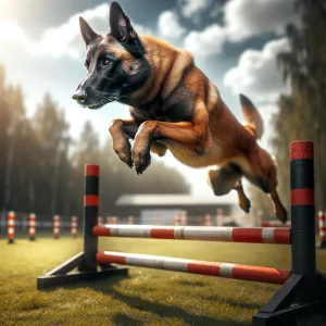 DALL·E 2024 03 21 11.21.51 A powerful and focused male Belgian Malinois during a training session showcasing his agility and concentration. The scene captures the dog in mid le