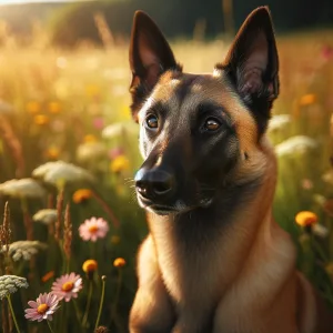 DALL·E 2024 03 21 11.23.14 A serene and attentive female Belgian Malinois sitting peacefully in a meadow surrounded by wildflowers. Her intelligent eyes are focused softly on t