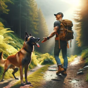 DALL·E 2024 03 21 11.28.26 A happy Belgian Malinois enjoying an outdoor adventure with its owner showcasing the strong bond between them. The scene is set in a picturesque hiki