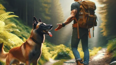 DALL·E 2024 03 21 11.28.26 A happy Belgian Malinois enjoying an outdoor adventure with its owner showcasing the strong bond between them. The scene is set in a picturesque hiki