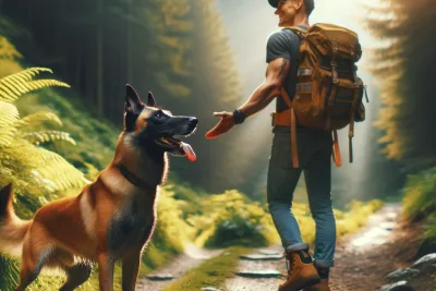 DALL·E 2024 03 21 11.28.26 A happy Belgian Malinois enjoying an outdoor adventure with its owner showcasing the strong bond between them. The scene is set in a picturesque hiki