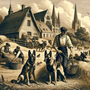 DALL·E 2024 03 21 12.09.03 An old illustration showing Belgian Malinois dogs in a rural Belgian setting working alongside farmers depicted in a detailed historical and pasto