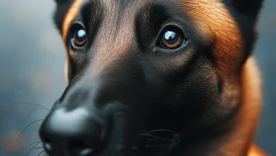 DALL·E 2024 03 21 12.09.12 Close up of a Belgian Malinois highlighting its distinctive black mask and attentive expression showcasing the dogs intelligence and curiosity