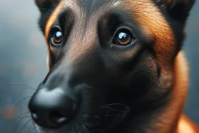 DALL·E 2024 03 21 12.09.12 Close up of a Belgian Malinois highlighting its distinctive black mask and attentive expression showcasing the dogs intelligence and curiosity