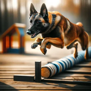 DALL·E 2024 03 21 12.13.25 A Belgian Malinois performing agility or obedience training showing its concentration and skill in a dynamic and active scene