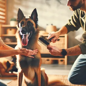 DALL·E 2024 03 21 12.13.30 A Belgian Malinois being brushed by its owner in a home environment highlighting the bonding between them and the care the dog receives. The scene is