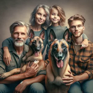 DALL·E 2024 03 21 12.13.33 A family portrait that includes a Belgian Malinois highlighting the integration of this breed into various aspects of human life. The image should co