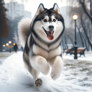 DALL·E 2024 03 21 12.42.30 Un husky siberiano corriendo alegremente en un parque cubierto de nieve con su lengua afuera mostrando signos de disfrute y energia