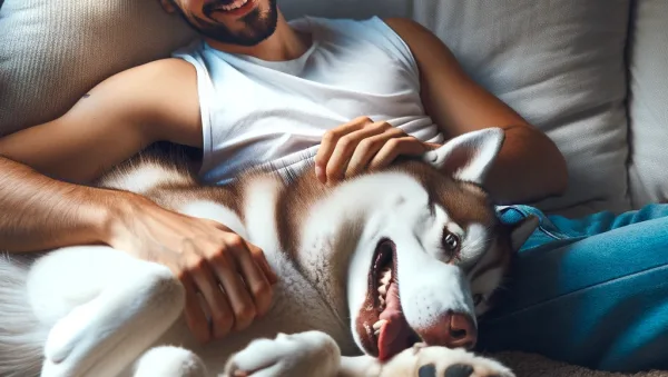 DALL·E 2024 03 21 12.48.50 Un husky acurrucado junto a su dueno en el sofa disfrutando de una sesion de caricias y relajacion juntos