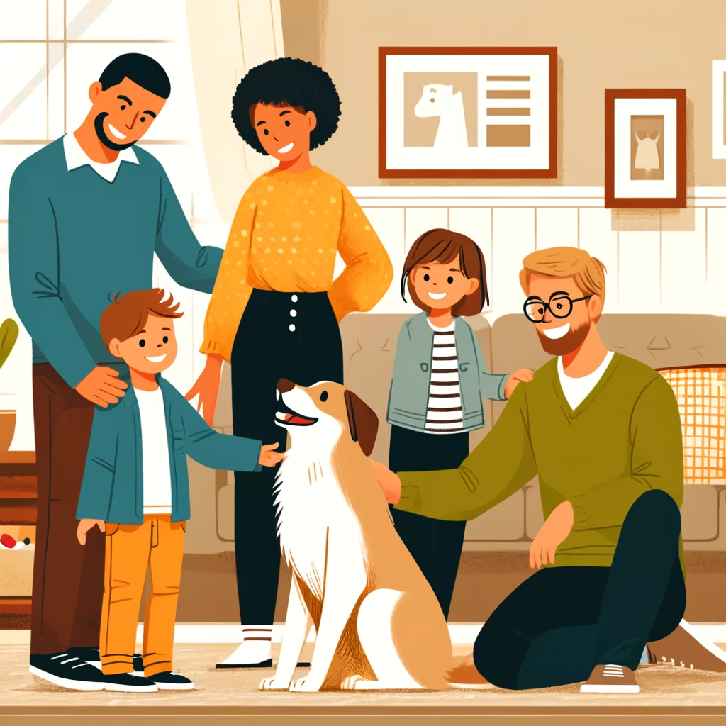 DALL·E 2024 04 14 11.47.38 A warm and inviting living room scene depicting a family happily interacting with a medium sized dog emphasizing the dog as a cherished family member