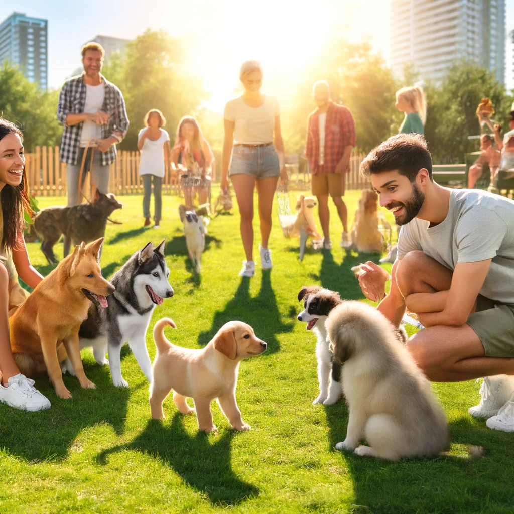 DALL·E 2024 04 14 11.47.41 A playful scene in a park where a variety of people and dogs are interacting showcasing early socialization of a puppy. The image should include a yo