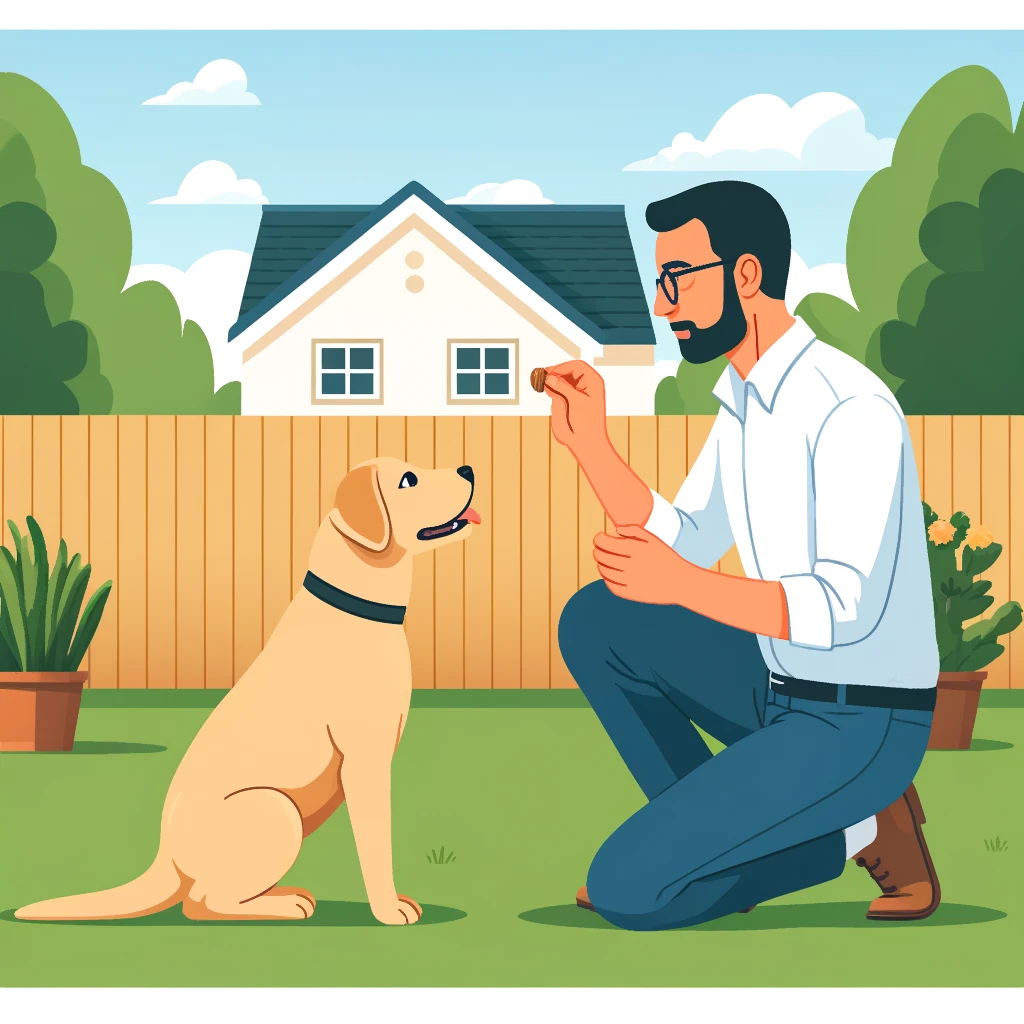 DALL·E 2024 04 14 11.47.44 An engaging scene of a dog training session in a backyard. The image should depict a dog owner a middle aged man conducting a training session using