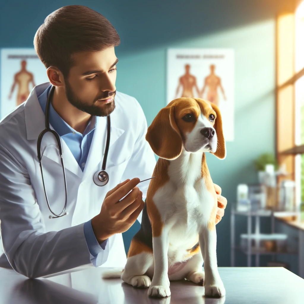 DALL·E 2024 04 14 11.47.51 A serene image of a dog receiving a veterinary check up emphasizing regular health care. The scene should depict a calm attentive veterinarian