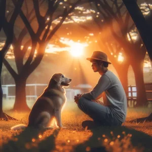 DALL·E 2024 04 14 12.15.57 A dog sitting in a park during sunset gazing affectionately at an adult seated next to it. Both are surrounded by an aura of calm and serenity. The s