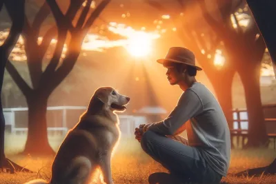 DALL·E 2024 04 14 12.15.57 A dog sitting in a park during sunset gazing affectionately at an adult seated next to it. Both are surrounded by an aura of calm and serenity. The s