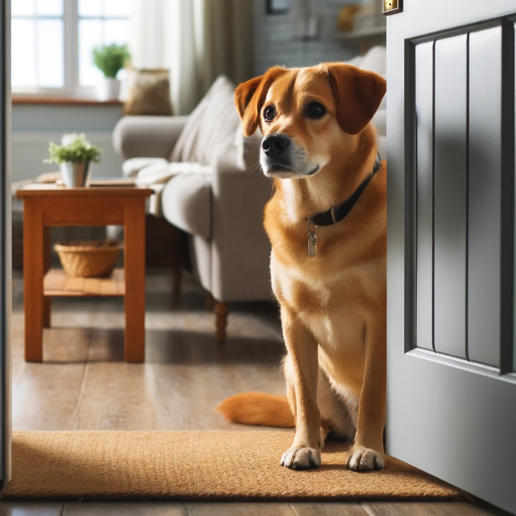 DALL·E 2024 04 14 12.17.45 A loyal dog waiting patiently at the door of its home looking in the direction its owner usually arrives from. The scene captures the essence of unco