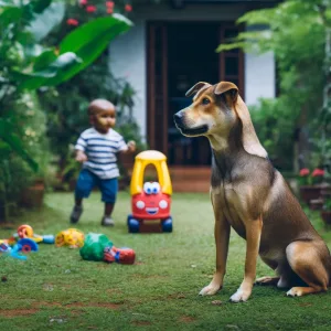 DALL·E 2024 04 14 12.19.00 A vigilant dog in an alert posture protecting a small child playing nearby. The scene illustrates the protective nature of dogs set in a backyard wi