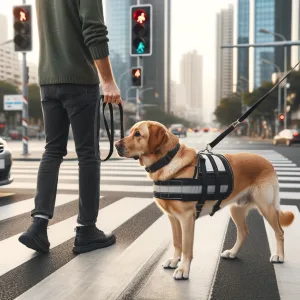 DALL·E 2024 04 14 12.20.30 A service dog assisting a person with a disability to cross the street. The dog is attentive and in a harness leading the way across a pedestrian cro