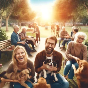 DALL·E 2024 04 14 12.21.58 A group of people smiling and socializing in a park with several dogs playing around them. This scene captures the social and emotional impact of dog