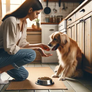 DALL·E 2024 04 14 12.22.41 A person feeding their dog showing a moment of care and attention. The scene is set in a cozy kitchen with the person kneeling to give food to a happ