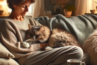 DALL·E 2024 04 14 12.37.45 A cozy scene of a cat curled up in the lap of its owner who is sitting comfortably on a sofa in a warmly lit living room. The owner a middle aged Ca