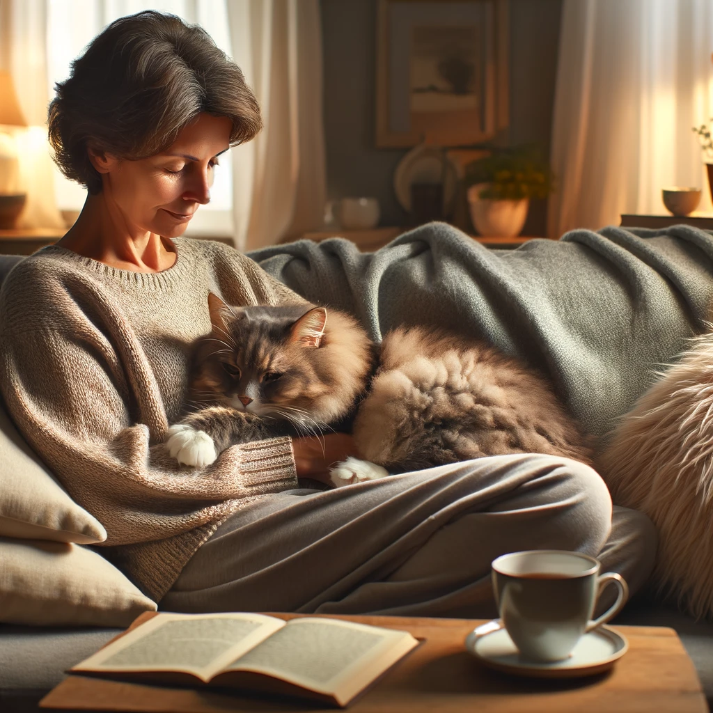 DALL·E 2024 04 14 12.37.45 A cozy scene of a cat curled up in the lap of its owner who is sitting comfortably on a sofa in a warmly lit living room. The owner a middle aged Ca