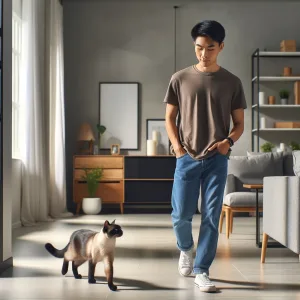 DALL·E 2024 04 14 12.40.53 A domestic scene showing a cat following its owner through the house. The owner a young Asian man in casual attire walks through a modern living roo