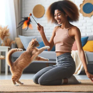 DALL·E 2024 04 14 12.42.09 A playful scene in a living room where a cat and its owner are interacting with a toy. The owner a young African American woman is kneeling on the f