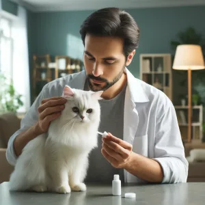 DALL·E 2024 04 14 12.44.00 A caring moment at home where a cat owner a middle aged Hispanic man is gently applying medication to his cat in a calm setting. The cat a white Pe