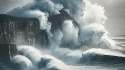 DALL·E 2024 04 14 13.01.27 A dramatic seascape showing enormous waves crashing powerfully against a rugged coastline. The scene captures a moment of natural intensity with foam