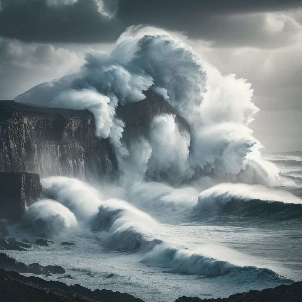 DALL·E 2024 04 14 13.01.27 A dramatic seascape showing enormous waves crashing powerfully against a rugged coastline. The scene captures a moment of natural intensity with foam