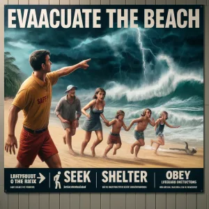 DALL·E 2024 04 14 13.04.19 A realistic and engaging safety poster depicting a beach scene during a storm with characters enacting safety protocols. The poster shows a family qu