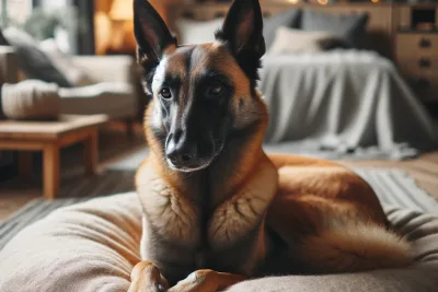 DALL·E 2024 05 17 23.47.52 A Belgian Malinois dog resting indoors on a comfortable bed. The dog looks relaxed and content with its light brown coat and black mask. The room has