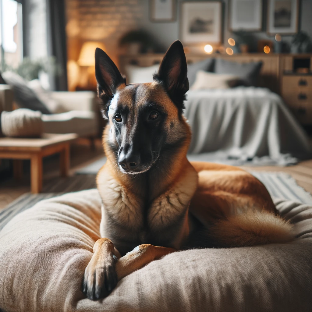 DALL·E 2024 05 17 23.47.52 A Belgian Malinois dog resting indoors on a comfortable bed. The dog looks relaxed and content with its light brown coat and black mask. The room has