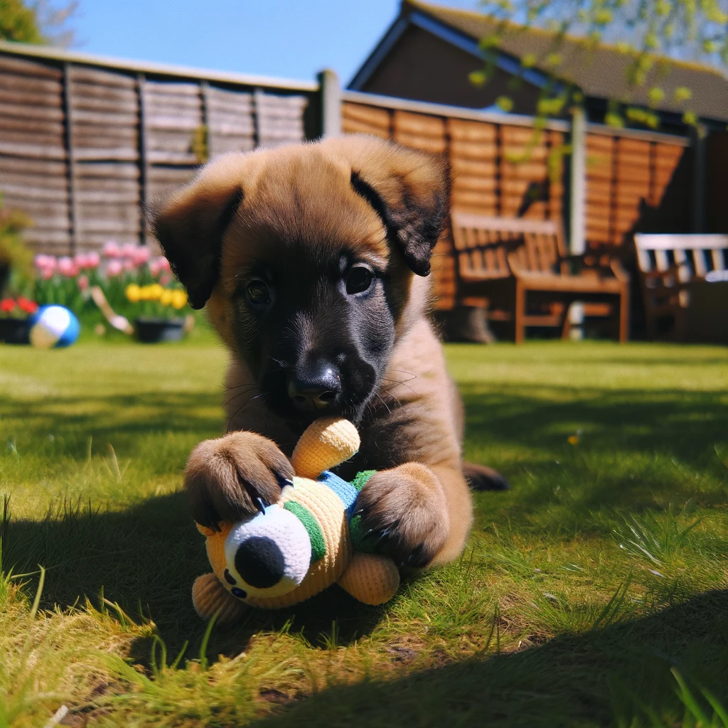 DALL·E 2024 05 17 23.47.59 A Belgian Malinois puppy playing with a toy in a backyard. The puppy has a light brown coat with a black mask on its face. The yard is grassy with som