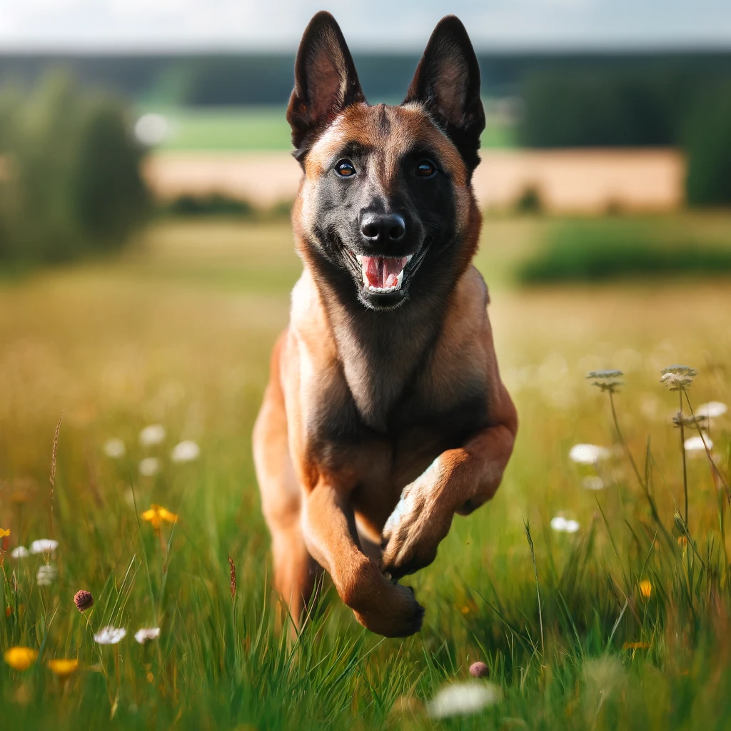 DALL·E 2024 05 17 23.48.01 A Belgian Malinois dog running energetically through a grassy field. The dog looks focused and agile with its muscular body in motion and its ears pe