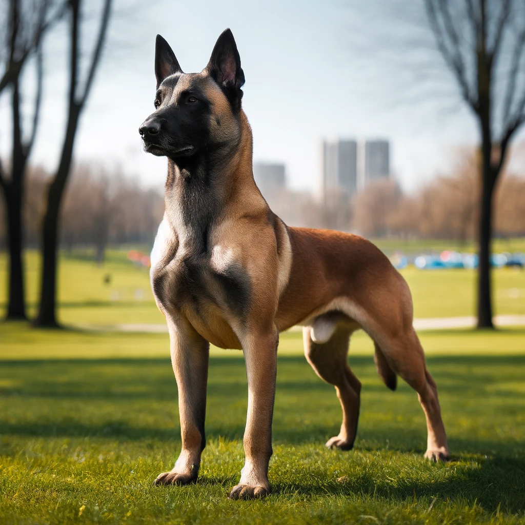 DALL·E 2024 05 17 23.48.03 A Belgian Malinois dog standing in a park showcasing its muscular and well proportioned body. The dog has a short dense coat with a light to dark br